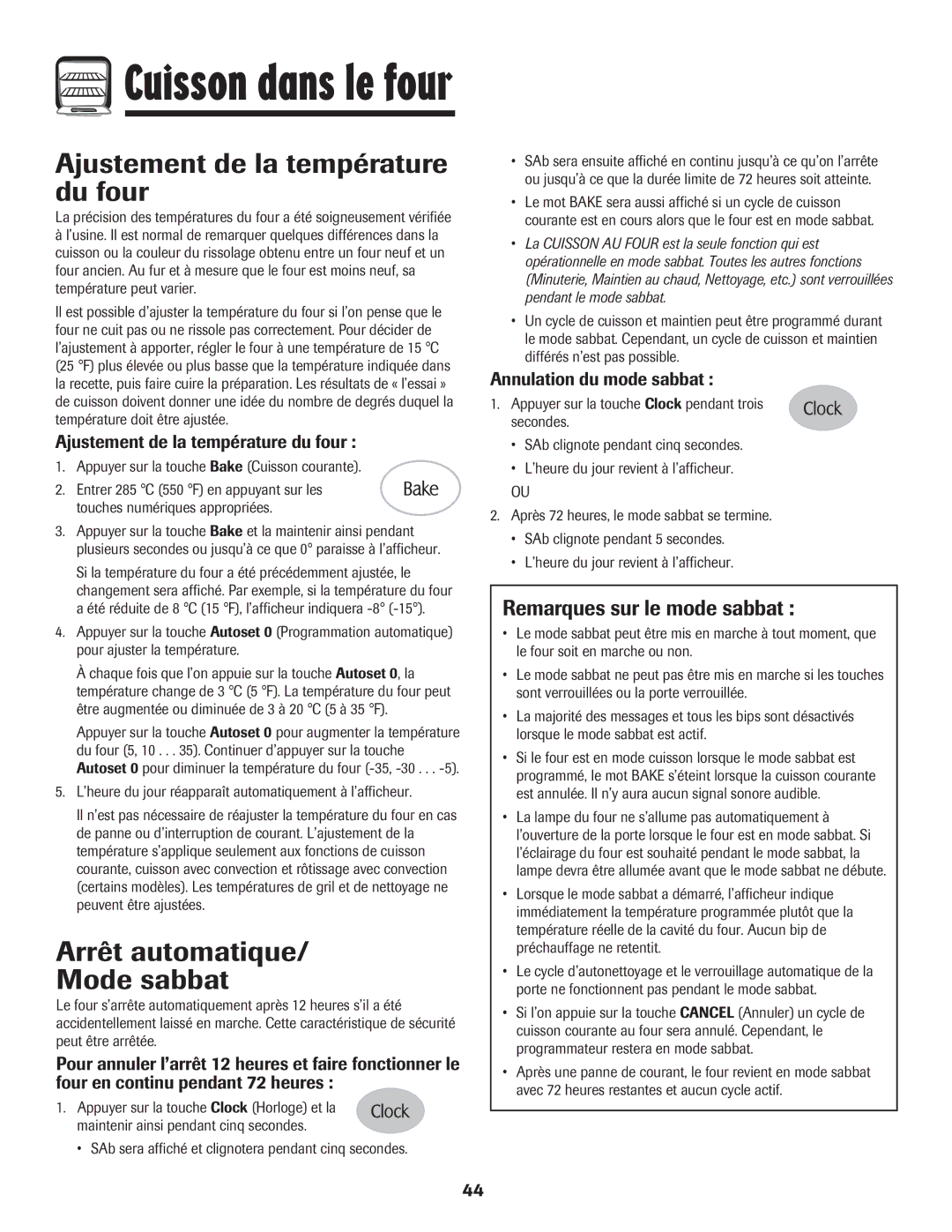 Maytag MER5875RAF manual Ajustement de la température du four, Arrêt automatique Mode sabbat, Remarques sur le mode sabbat 