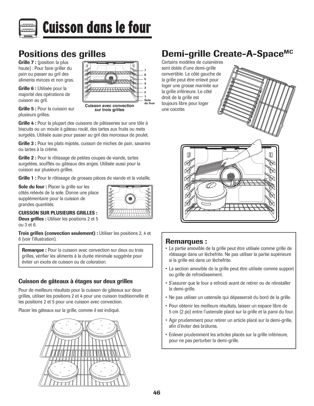 Maytag MER5875RAF manual Positions des grilles Demi-grille Create-A-SpaceMC, Remarques 