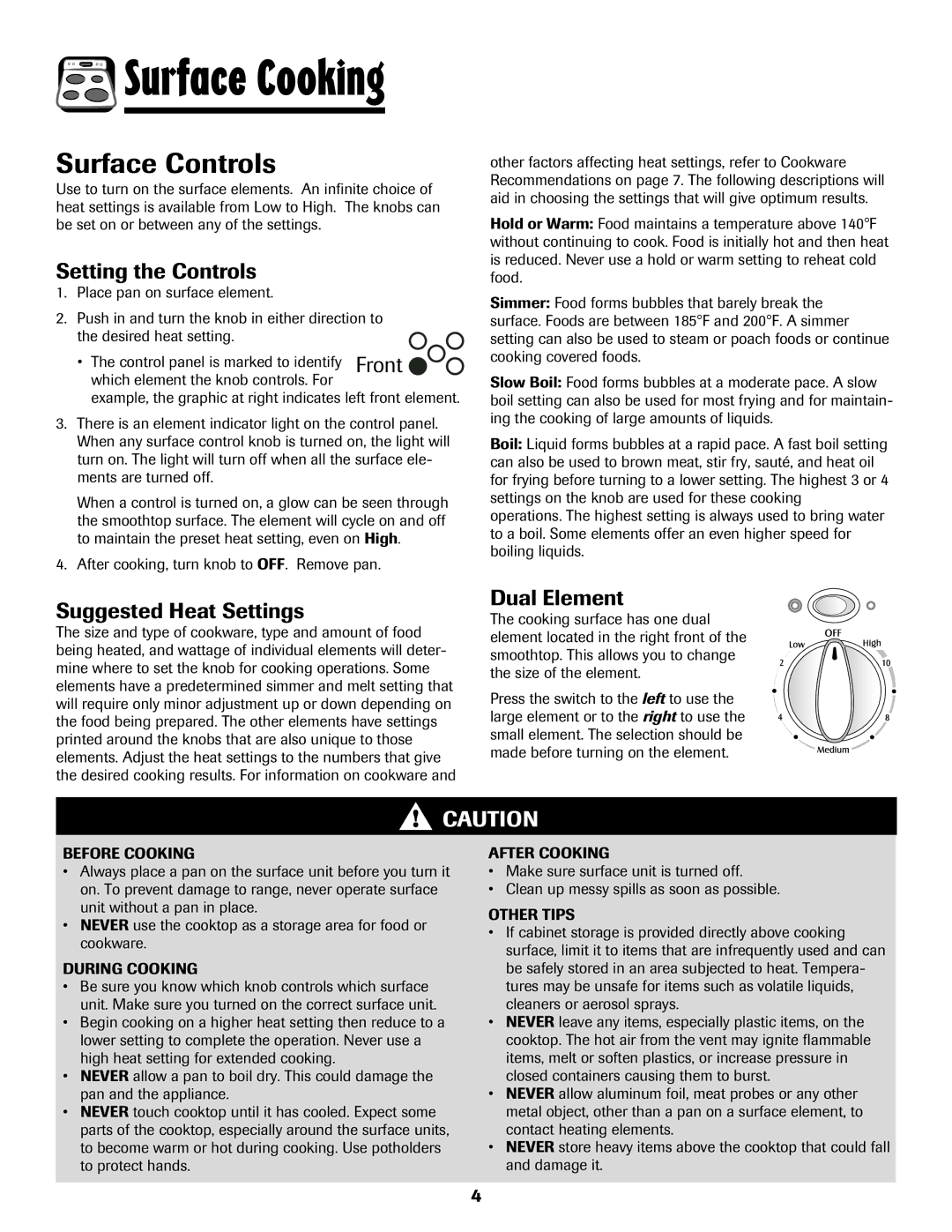 Maytag MER5875RAF manual Surface Controls, Setting the Controls, Suggested Heat Settings, Dual Element 