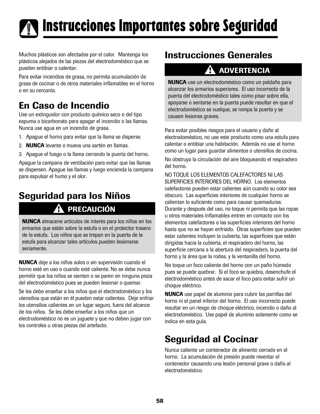 Maytag MER5875RAF manual En Caso de Incendio, Seguridad para los Niños, Instrucciones Generales, Seguridad al Cocinar 