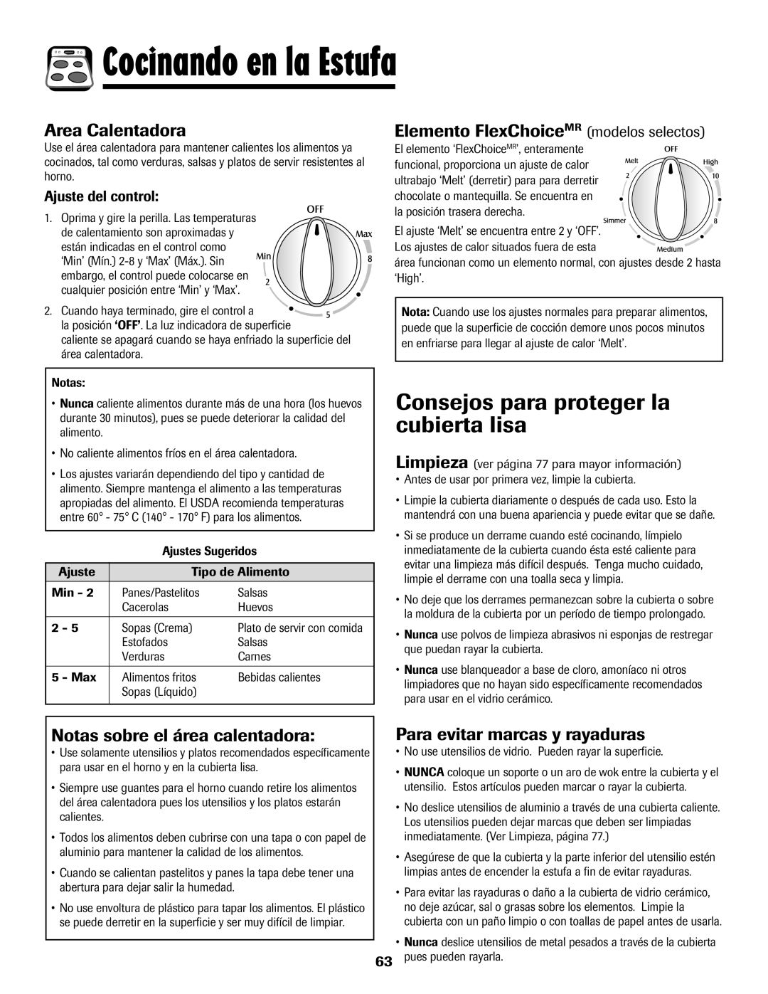 Maytag MER5875RAF manual Consejos para proteger la cubierta lisa, Area Calentadora, Elemento FlexChoiceMR modelos selectos 