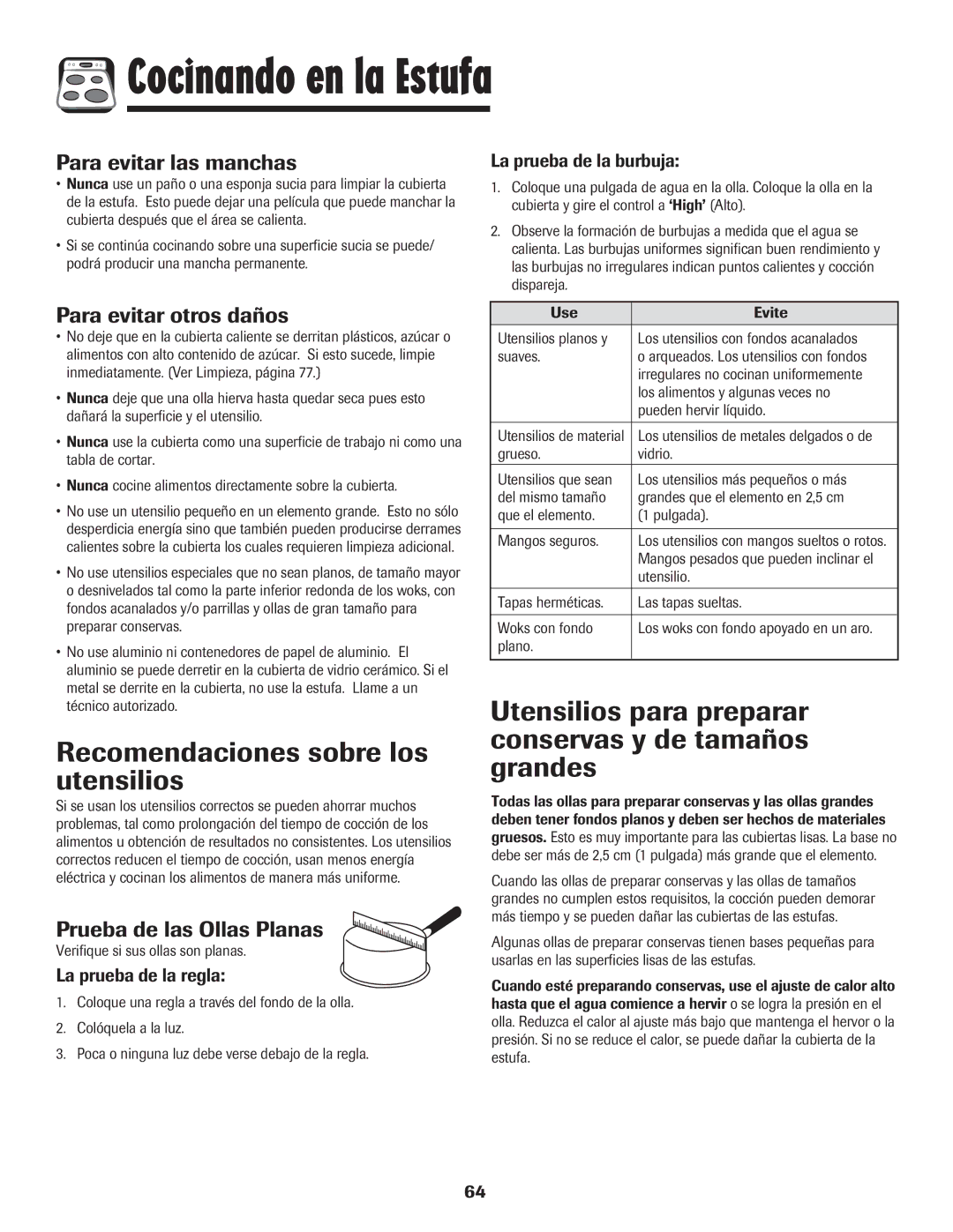 Maytag MER5875RAF manual Recomendaciones sobre los utensilios, Utensilios para preparar conservas y de tamaños grandes 