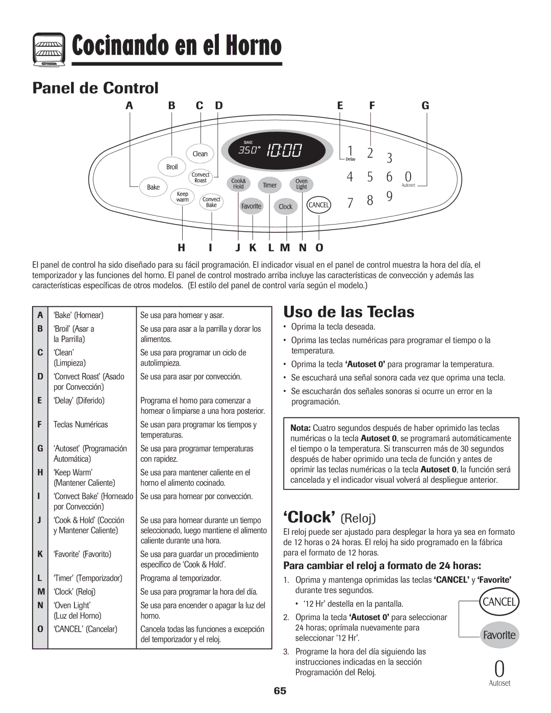 Maytag MER5875RAF manual Cocinando en el Horno, Panel de Control, Uso de las Teclas, ‘Clock’ Reloj 