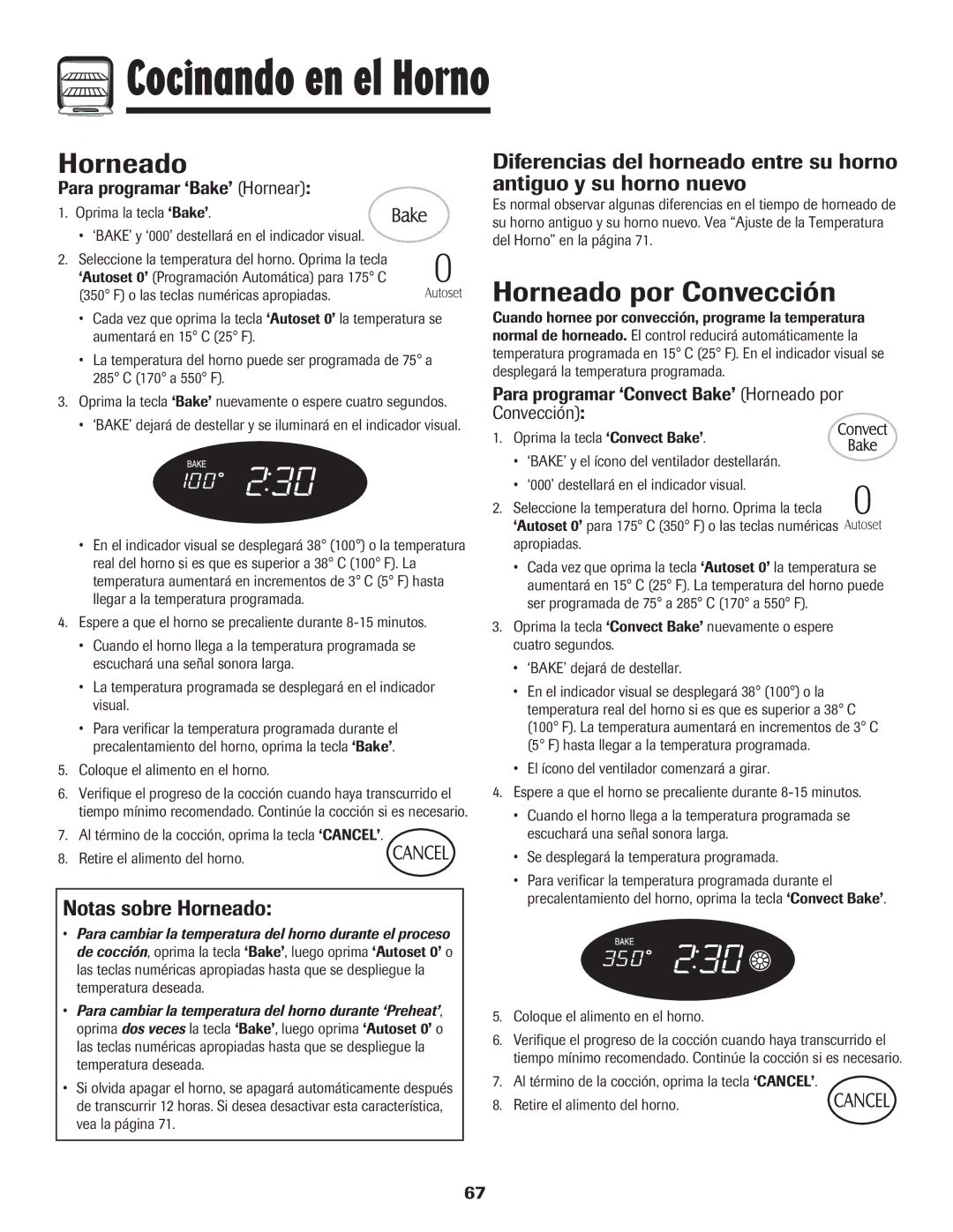 Maytag MER5875RAF manual Horneado por Convección, Notas sobre Horneado, Para programar ‘Bake’ Hornear 