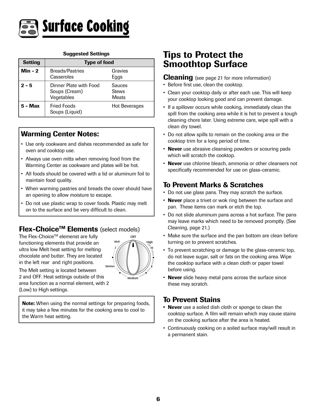 Maytag MER5875RAF manual Tips to Protect Smoothtop Surface, Warming Center Notes, Flex-ChoiceTMElements select models 