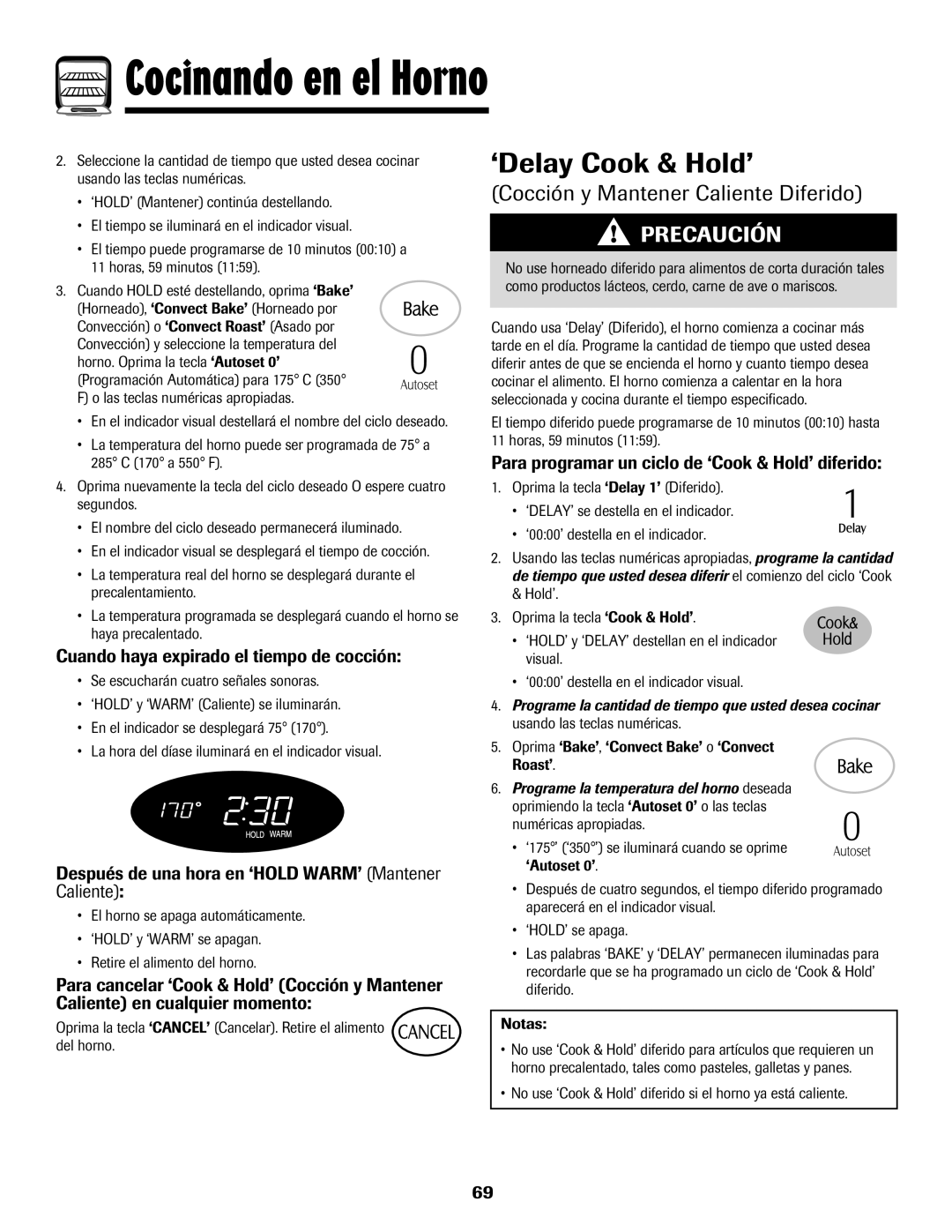 Maytag MER5875RAF ‘Delay Cook & Hold’, Cocción y Mantener Caliente Diferido, Cuando haya expirado el tiempo de cocción 