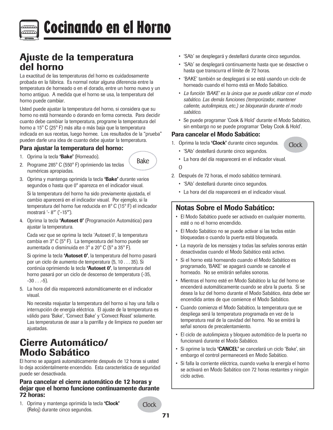 Maytag MER5875RAF manual Ajuste de la temperatura del horno, Cierre Automático Modo Sabático, Notas Sobre el Modo Sabático 