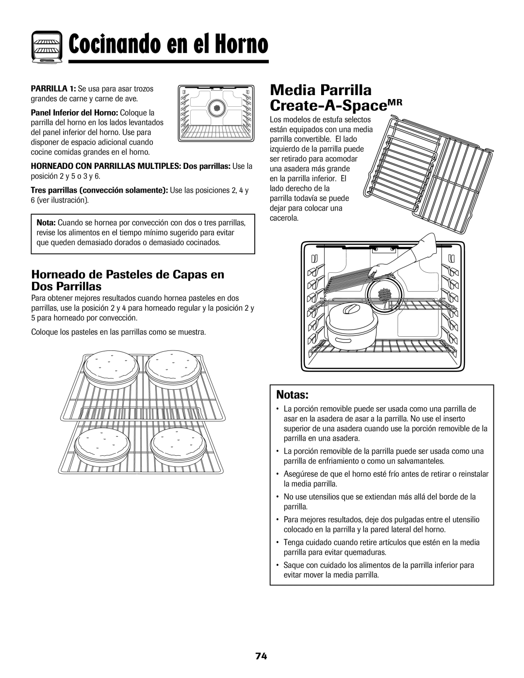 Maytag MER5875RAF manual Media Parrilla Create-A-SpaceMR, Horneado de Pasteles de Capas en Dos Parrillas, Notas 