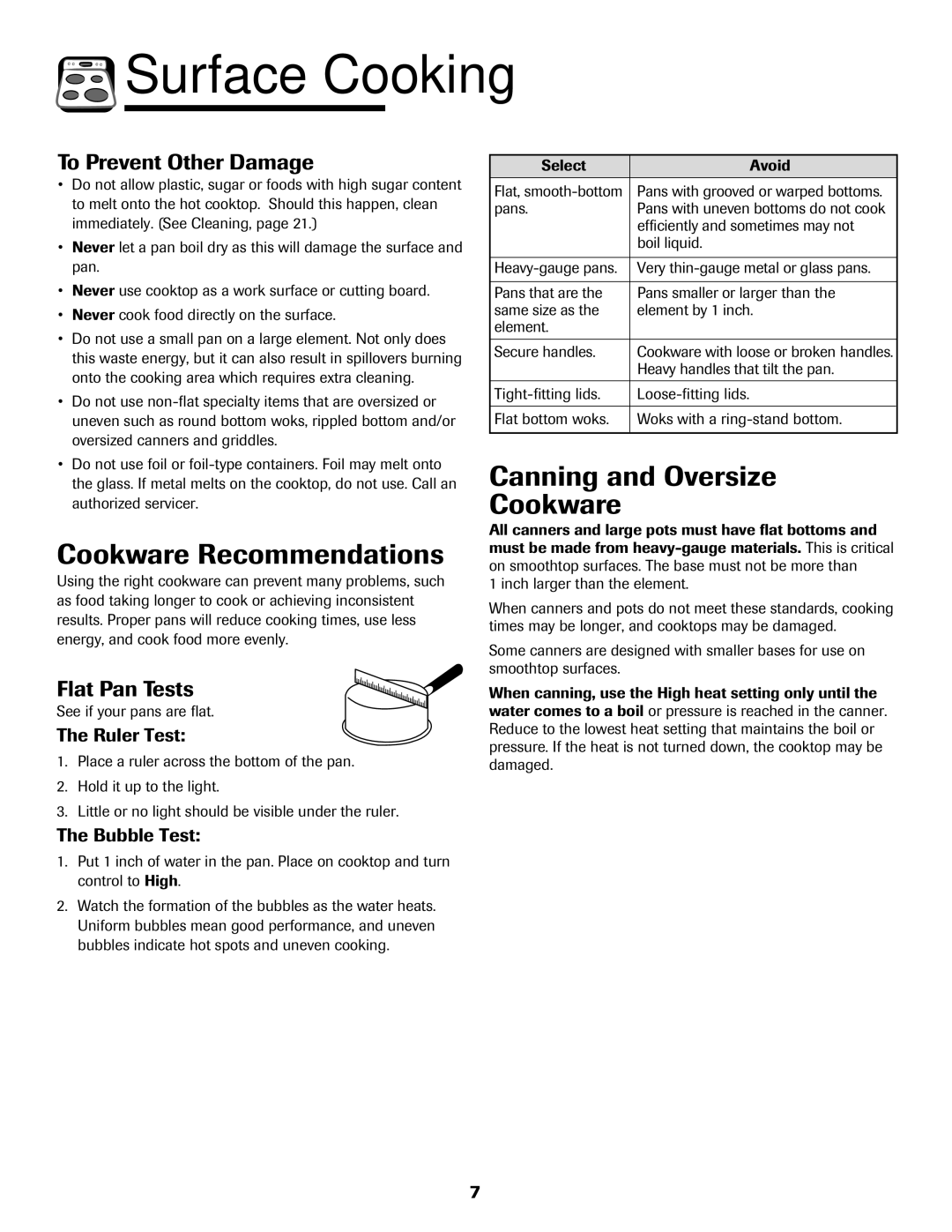 Maytag MER5875RAF manual Cookware Recommendations, Canning and Oversize Cookware, To Prevent Other Damage, Flat Pan Tests 