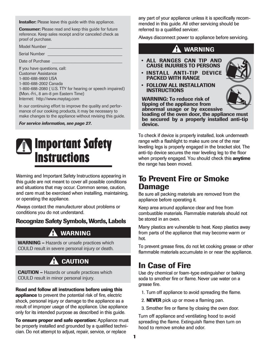 Maytag MER5875RAF manual Instructions, Important Safety, To Prevent Fire or Smoke Damage, In Case of Fire 