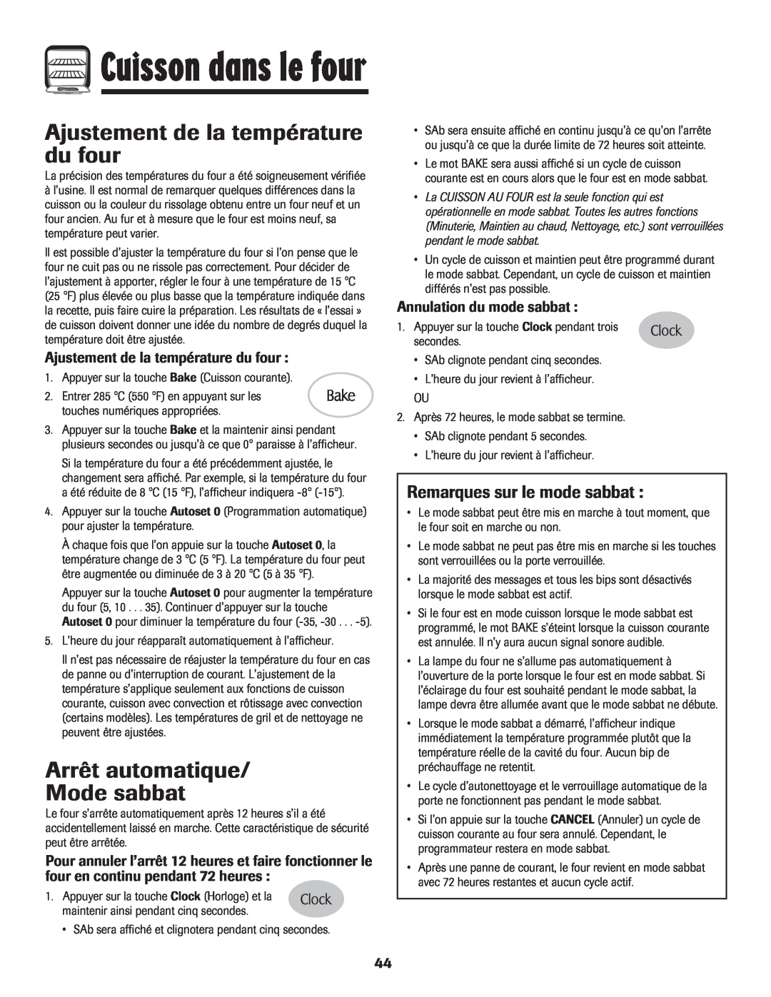 Maytag MER5875RAF manual Ajustement de la température du four, Arrêt automatique Mode sabbat, Remarques sur le mode sabbat 