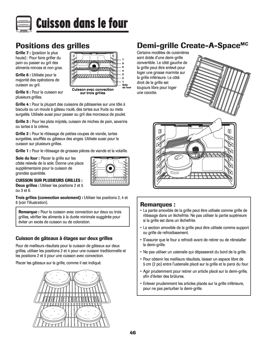 Maytag MER5875RAF manual Positions des grilles, Demi-grille Create-A-SpaceMC, Remarques, Cuisson dans le four 