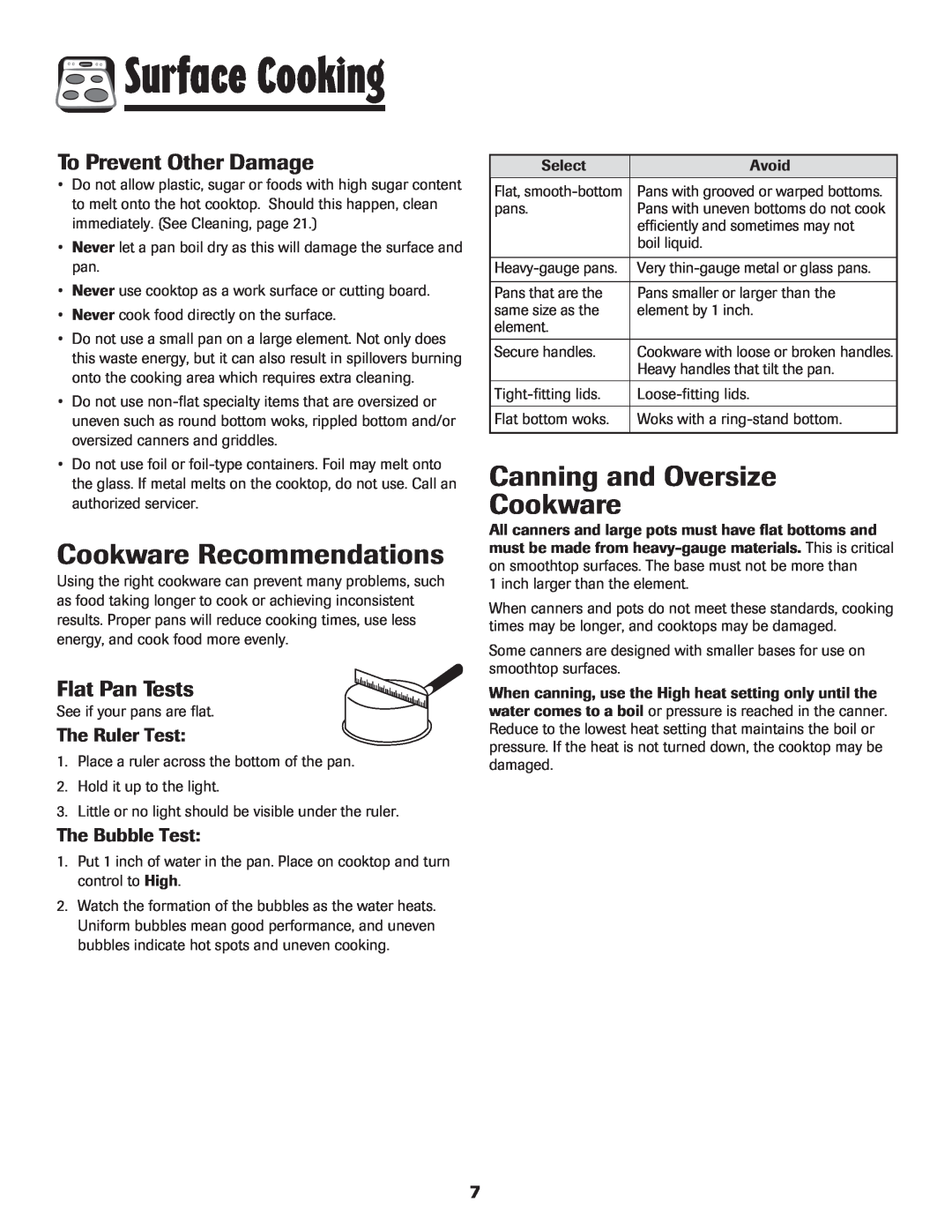 Maytag MER5875RAF manual Cookware Recommendations, Canning and Oversize Cookware, To Prevent Other Damage, Flat Pan Tests 