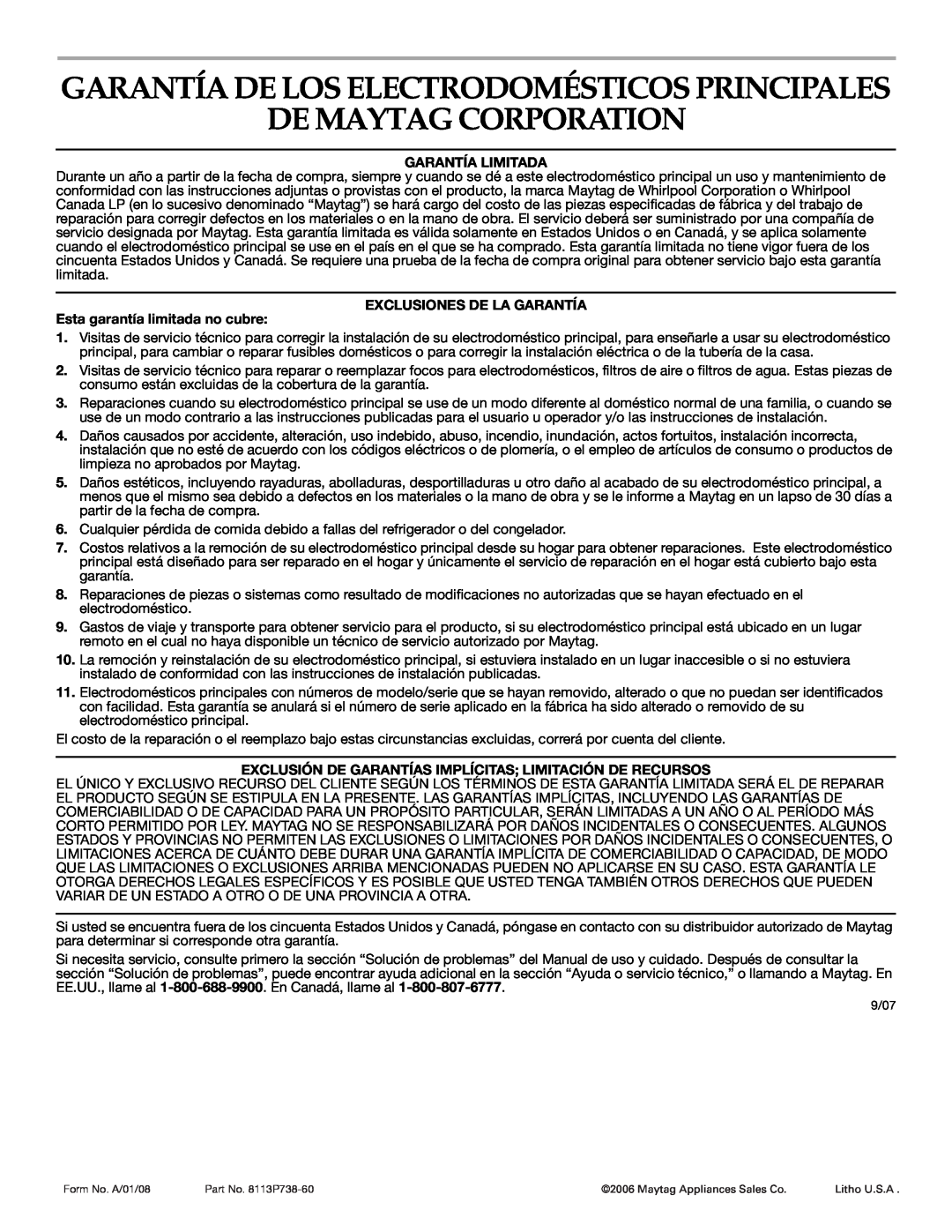 Maytag MER5875RAF manual De Maytag Corporation, Garantía De Los Electrodomésticos Principales, Garantía Limitada 
