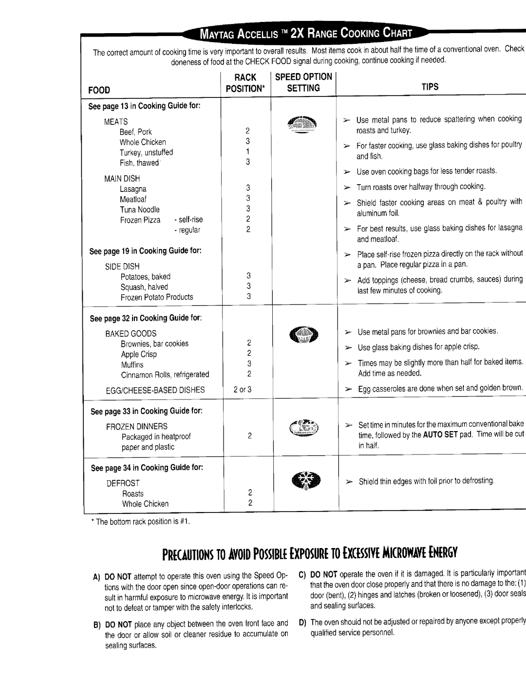 Maytag MER67 manual Rack Speedoption Food POSITION* Setting, Egg/Cheese-Baseddishes 