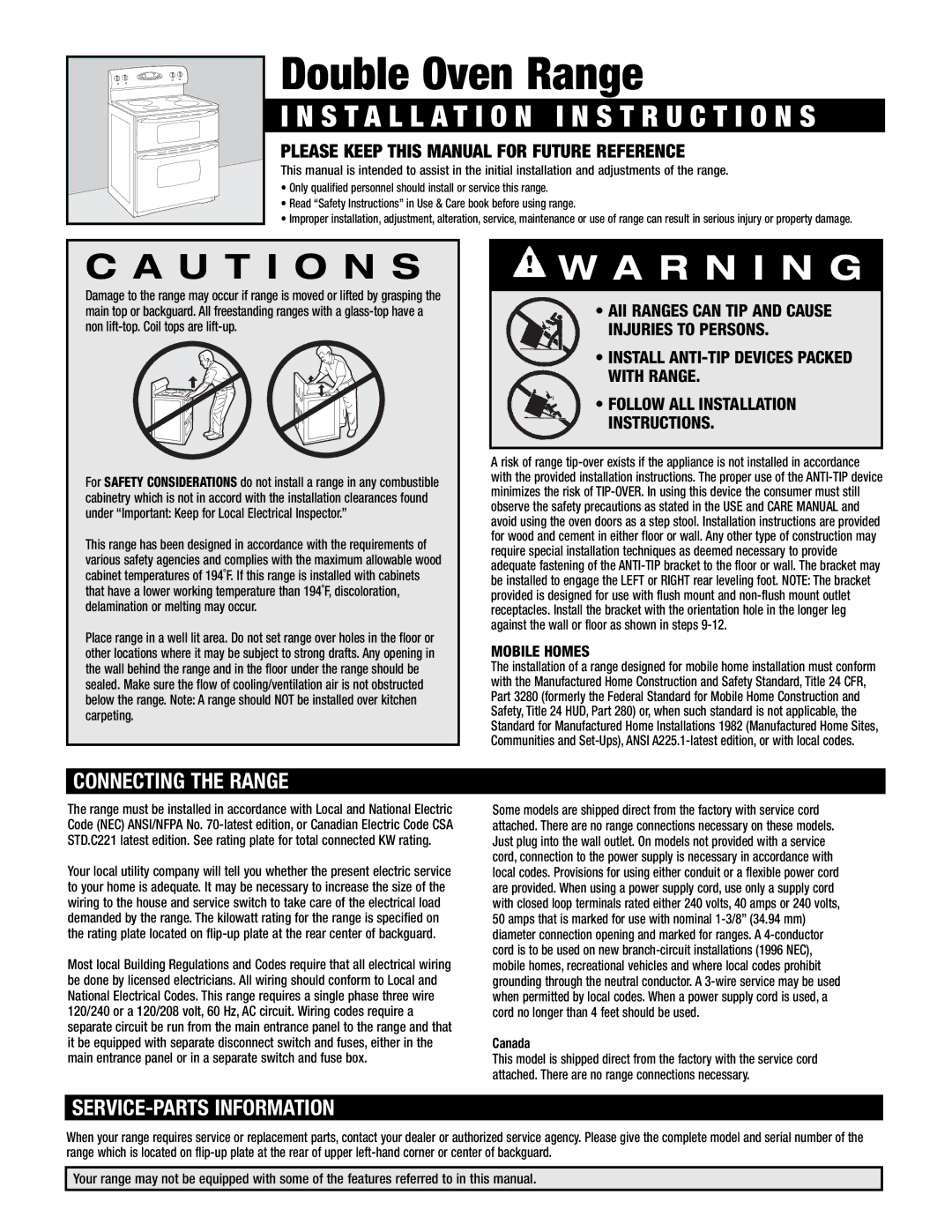 Maytag MER6875, MER6751, MER6775, MER6555 Double Oven Range, U T I O N S, Connecting the Range, SERVICE-PARTS Information 