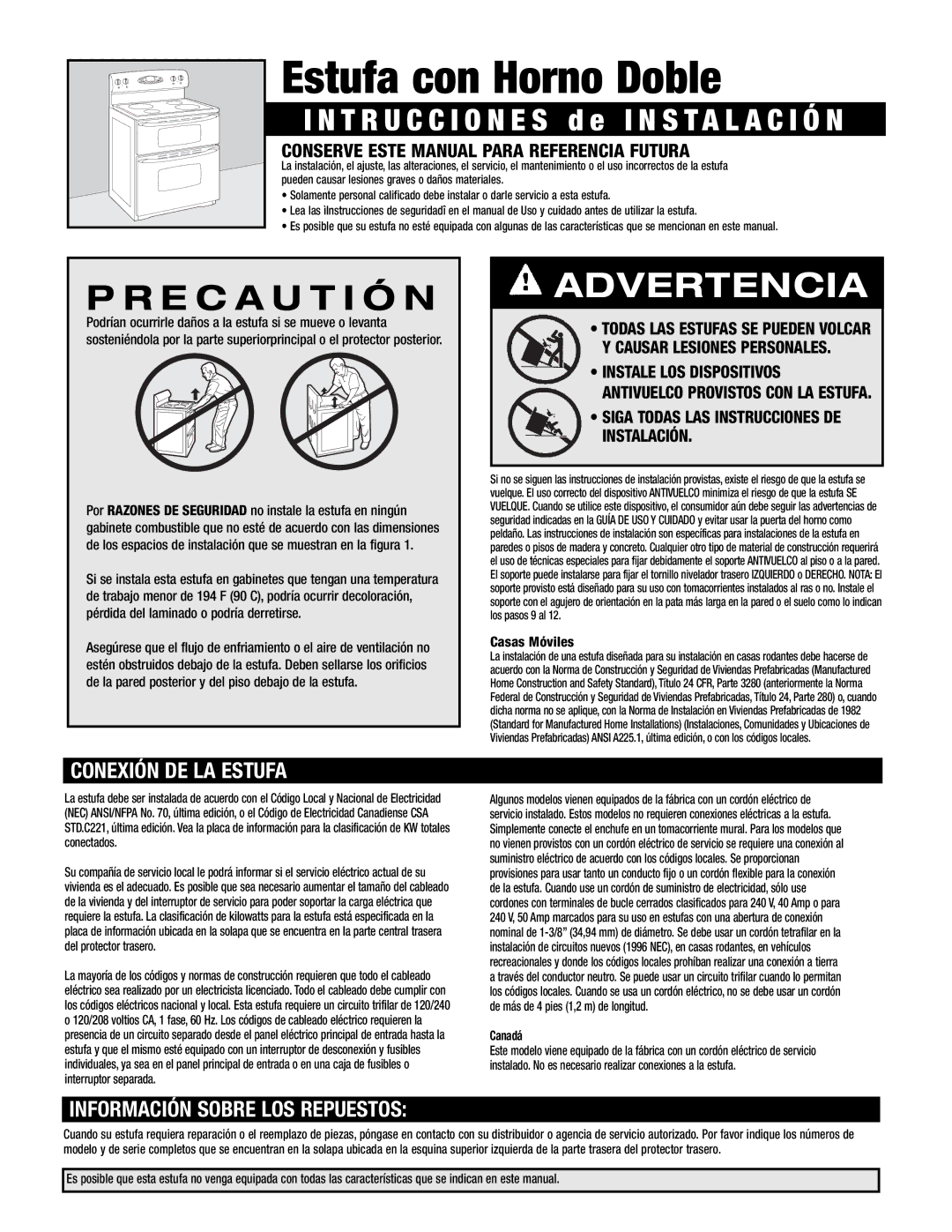 Maytag MER6751, MER6775 Estufa con Horno Doble, E C a U T I Ó N, Conexión DE LA Estufa, Información Sobre LOS Repuestos 