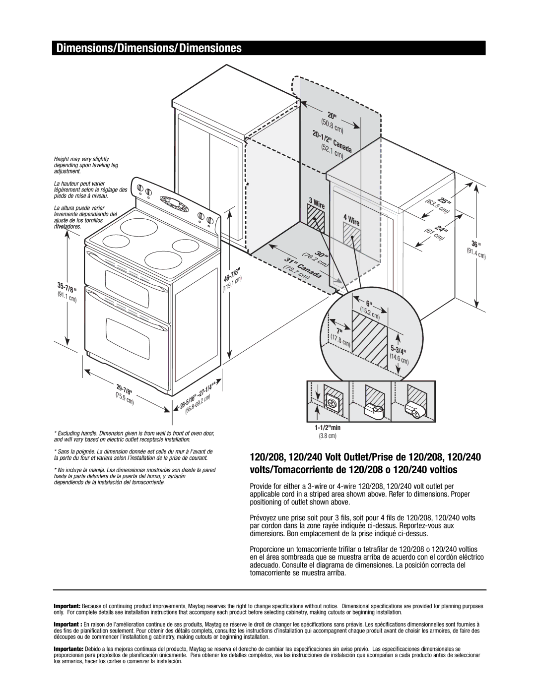 Maytag MER6755, MER6751, MER6775, MER6875, MER6555 installation instructions Dimensions/Dimensions/Dimensiones 