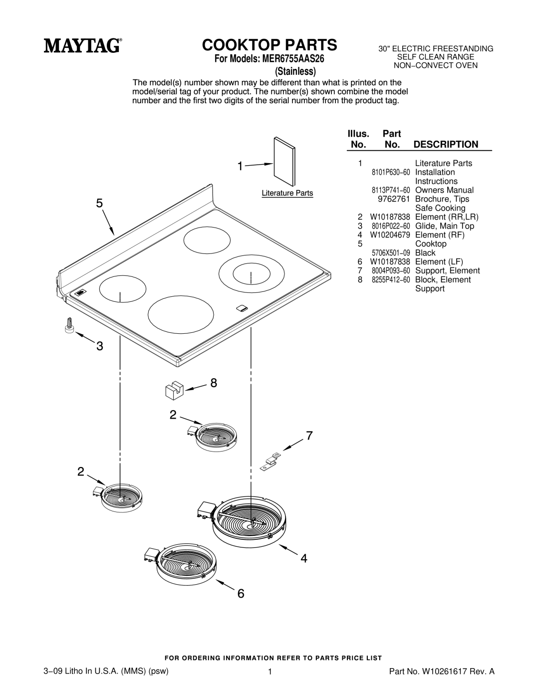 Maytag MER6755AAS26 installation instructions Cooktop Parts, Illus. Part No. No. Description 