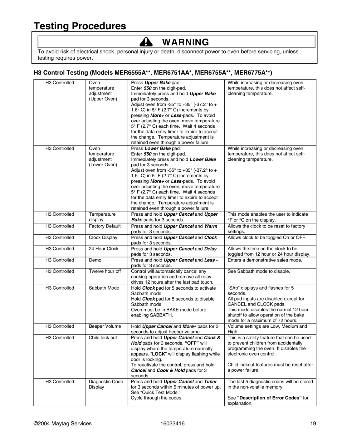 Maytag MER6555AAB/Q/W, MER6775AAB/F/N/Q/S/W, MER6875ACB/F/N/S/W, MER6751AAB/Q/S/W manual See Description of Error Codes for 