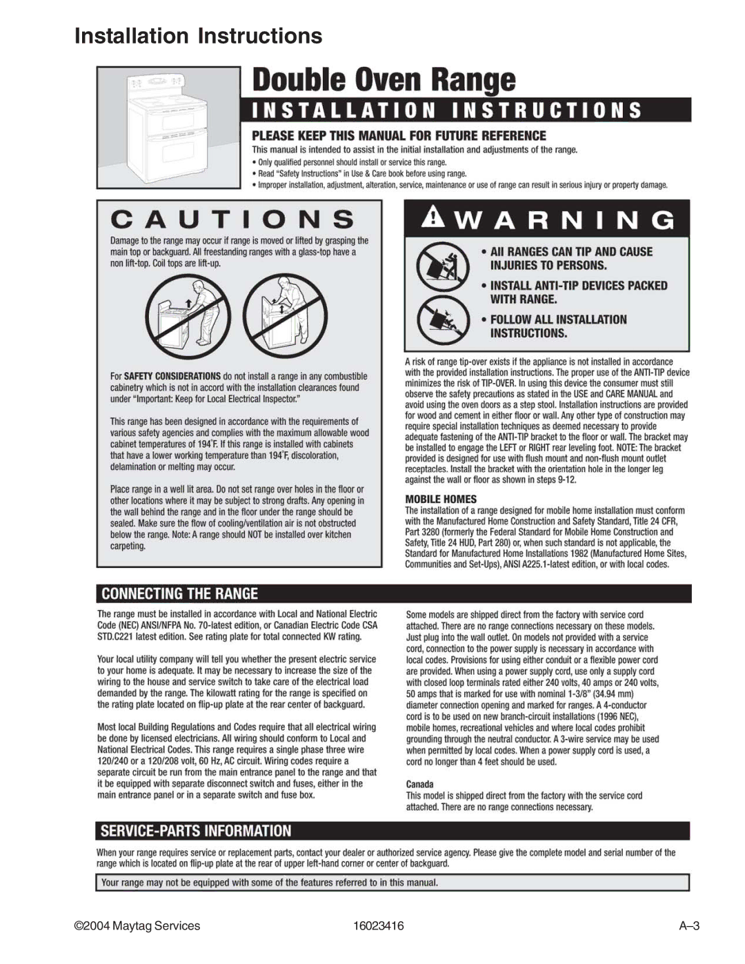 Maytag MER6875AAB/F/N/Q/S/W, MER6775AAB/F/N/Q/S/W, MER6555AAB/Q/W, MER6875ACB/F/N/S/W, MER6555ACW Installation Instructions 