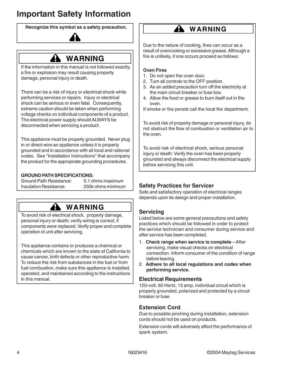 Maytag MER6875AAB/F/N/Q/S/W, MER6555ACW Safety Practices for Servicer, Servicing, Electrical Requirements, Extension Cord 