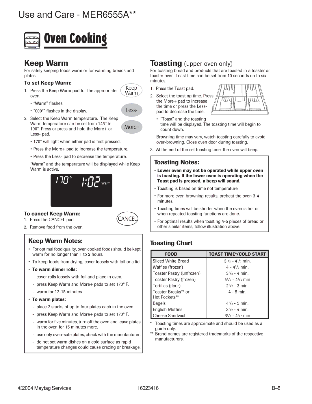 Maytag MER6875AAB/F/N/Q/S/W, MER6555AAB/Q/W Toasting upper oven only, Toasting Notes, Keep Warm Notes, Toasting Chart 