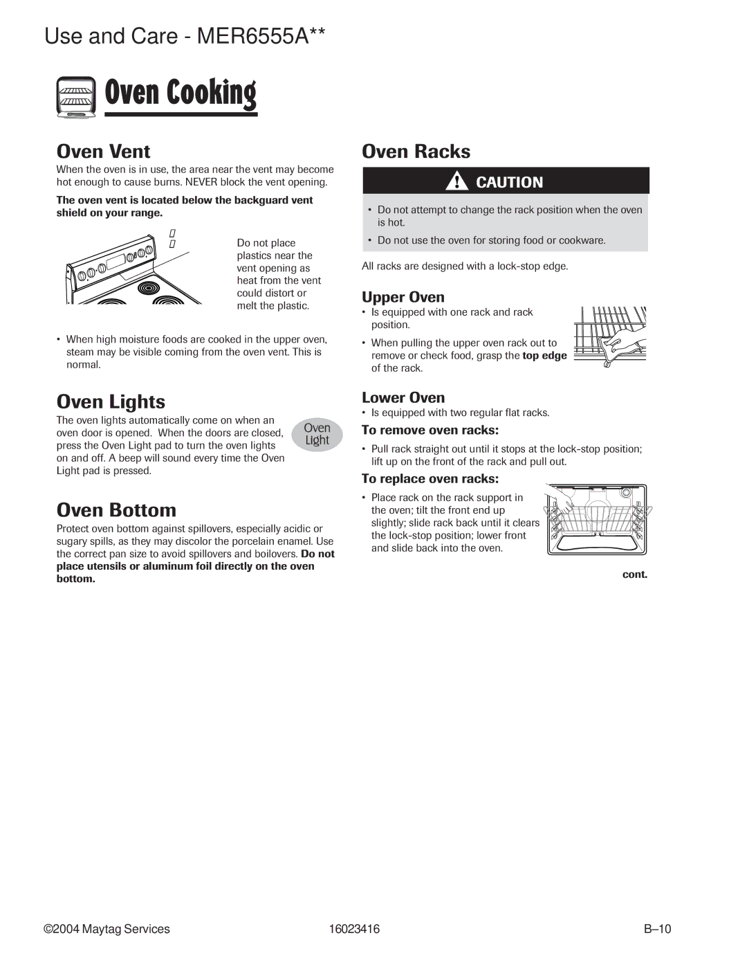 Maytag MER6755ACB/S/W, MER6775AAB/F/N/Q/S/W, MER6555AAB/Q/W, MER6555ACW manual Oven Vent, Oven Racks, Oven Lights, Oven Bottom 