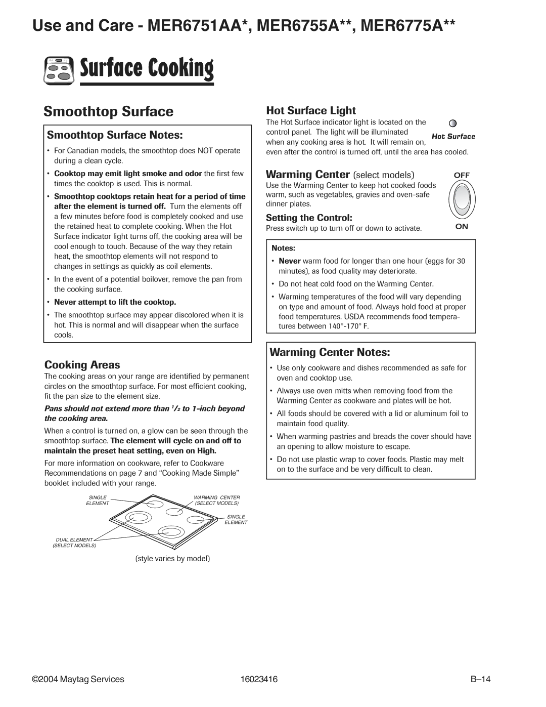 Maytag MER6555AAB/Q/W, MER6775AAB/F/N/Q/S/W, MER6875ACB/F/N/S/W, MER6751AAB/Q/S/W, MER6875AAB/F/N/Q/S/W Smoothtop Surface 