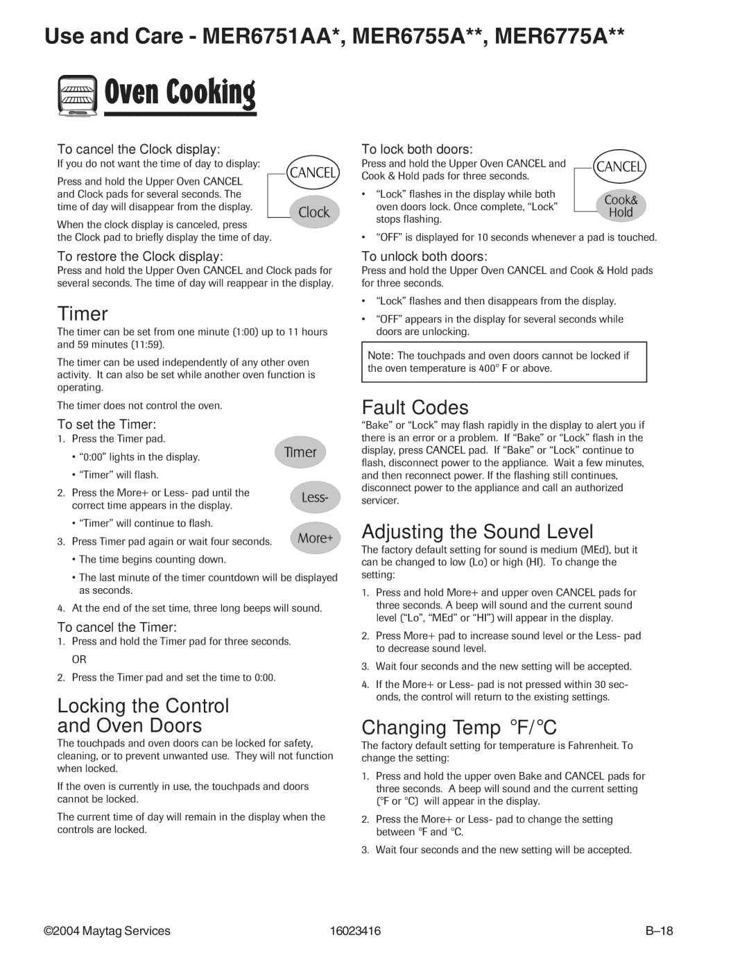 Maytag MER6755AAB/Q/S/W Timer, Locking the Control Oven Doors, Fault Codes, Adjusting the Sound Level, Changing Temp F/C 