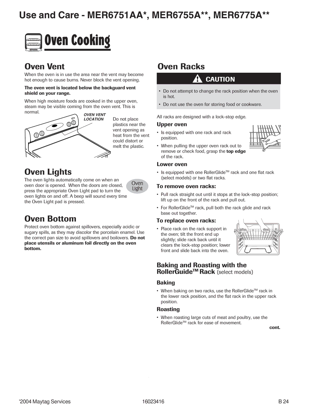 Maytag MER6875ACB/F/N/S/W, MER6775AAB/F/N/Q/S/W, MER6555AAB/Q/W, MER6555ACW Oven Vent, Oven Racks, Oven Lights, Oven Bottom 