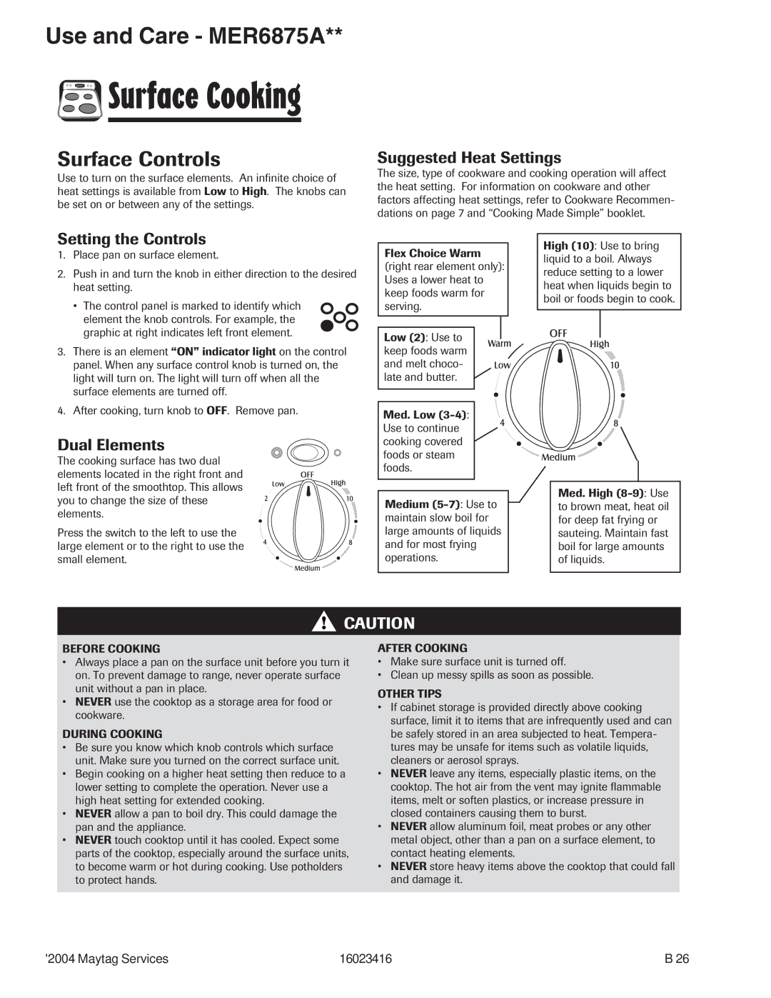 Maytag MER6875AAB/F/N/Q/S/W, MER6775AAB/F/N/Q/S/W, MER6555AAB/Q/W, MER6875ACB/F/N/S/W manual Surface Controls, Dual Elements 