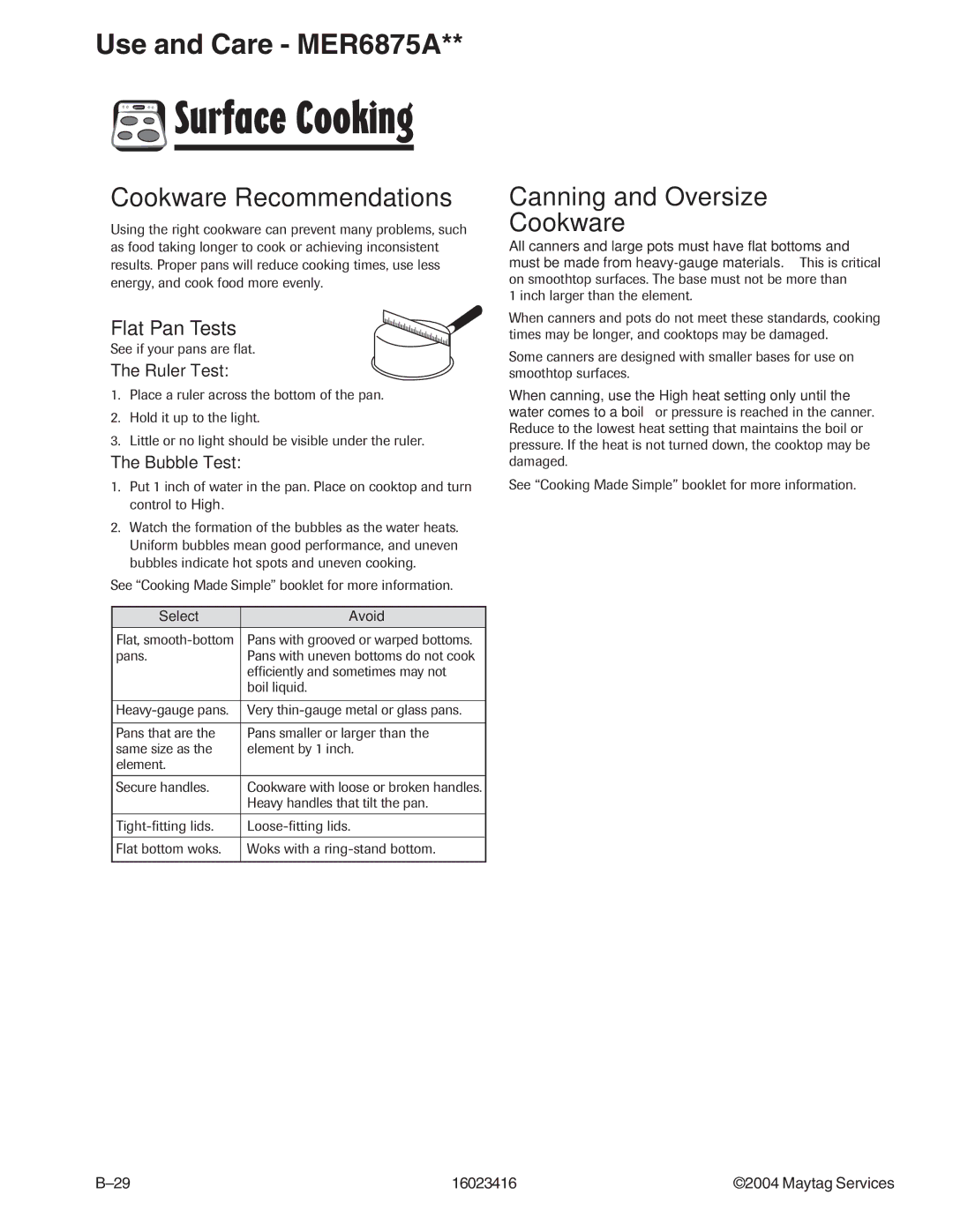 Maytag MER6555ACW, MER6775AAB/F/N/Q/S/W, MER6555AAB/Q/W, MER6875ACB/F/N/S/W, MER6751AAB/Q/S/W manual Cookware Recommendations 