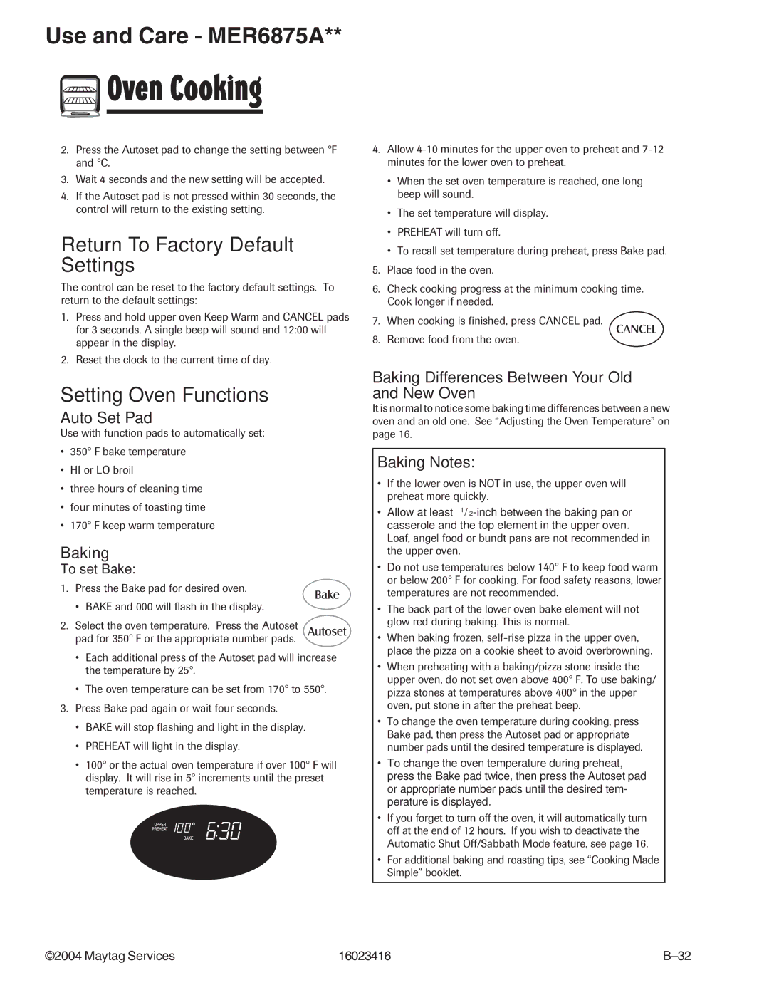 Maytag MER6555AAB/Q/W, MER6775AAB/F/N/Q/S/W, MER6875ACB/F/N/S/W, MER6755ACB/S/W Setting Oven Functions, Auto Set Pad, Baking 