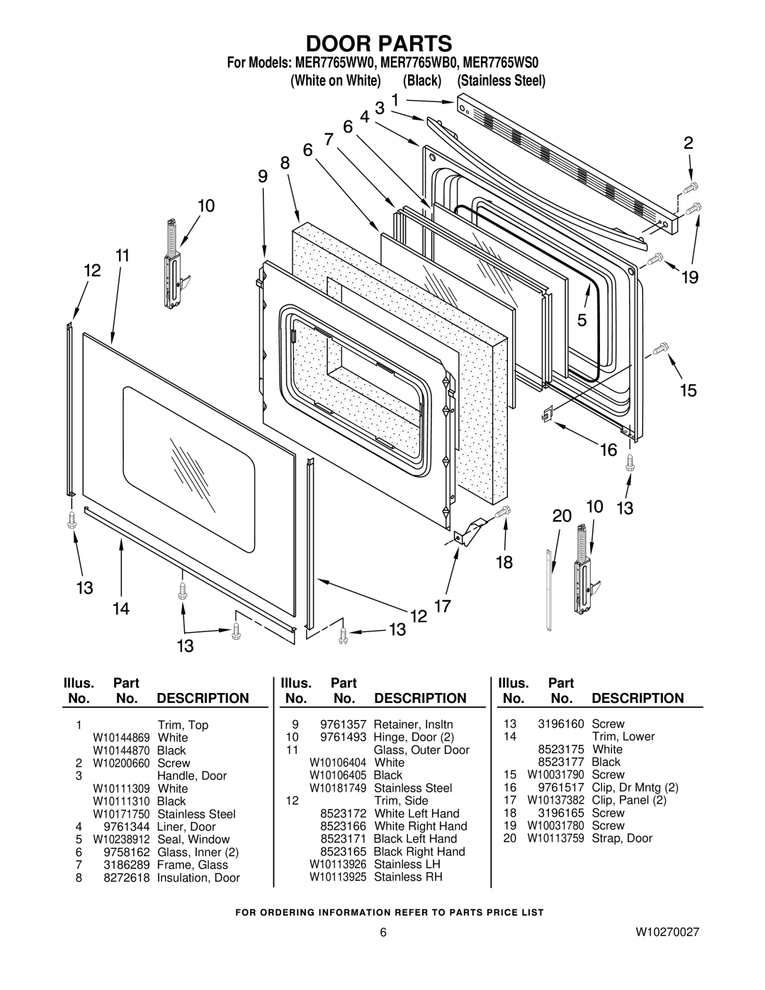 Maytag MER7765WW0, MER7765WS0, MER7765WB0 owner manual Door Parts 