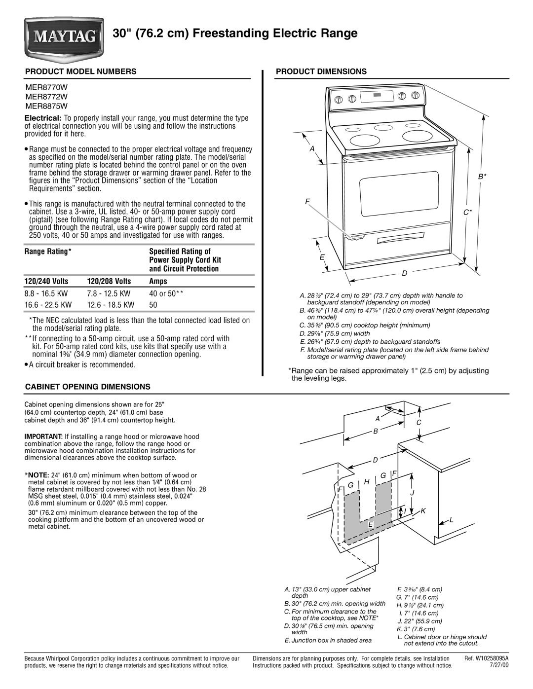 Maytag MER8875W, MER8772W, MER8770W dimensions 30 76.2 cm Freestanding Electric Range, Product Model Numbers 