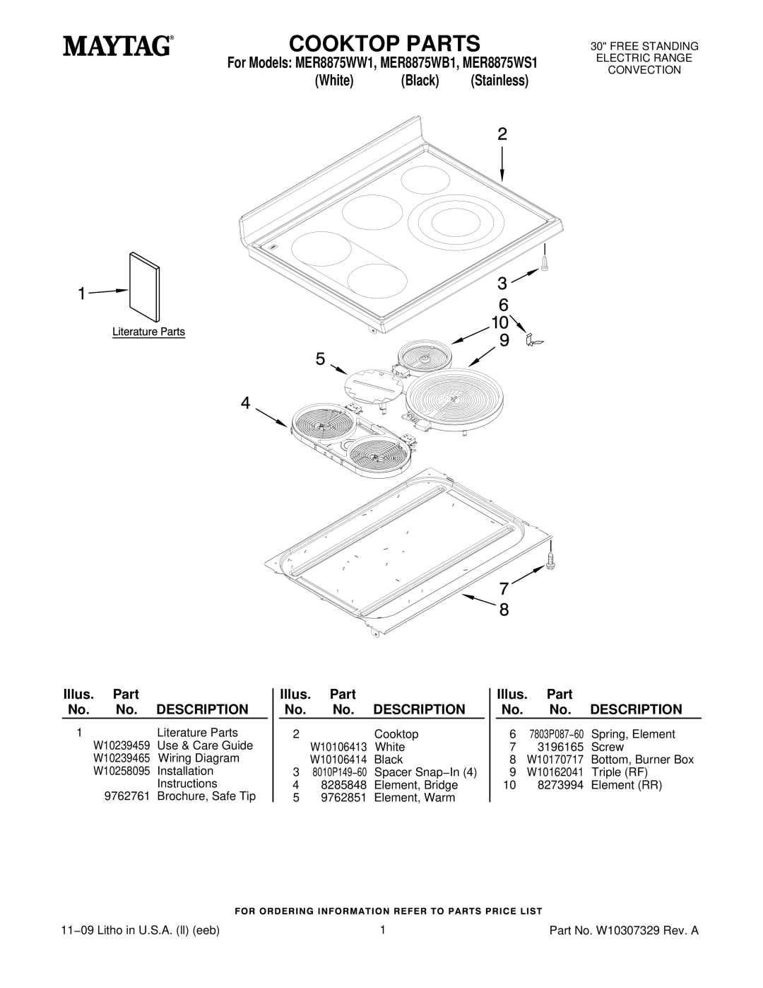 Maytag MER8875WB1, MER8875WS1, MER8875WW1 installation instructions Cooktop Parts, White Black 