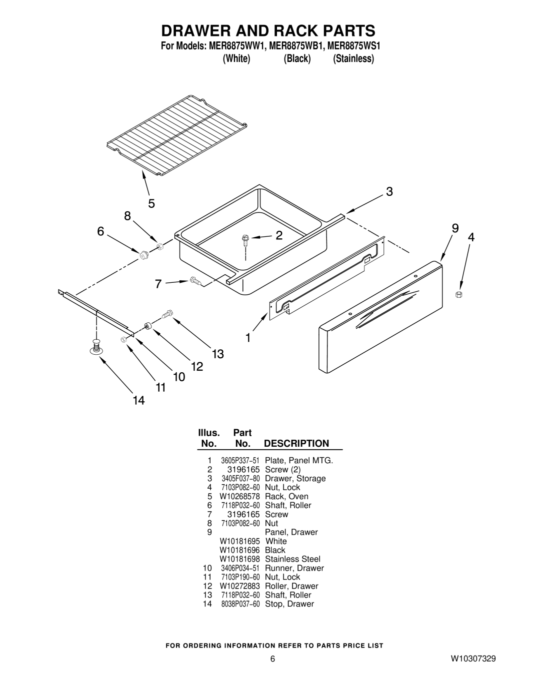 Maytag MER8875WS1, MER8875WB1, MER8875WW1 installation instructions Drawer and Rack Parts 