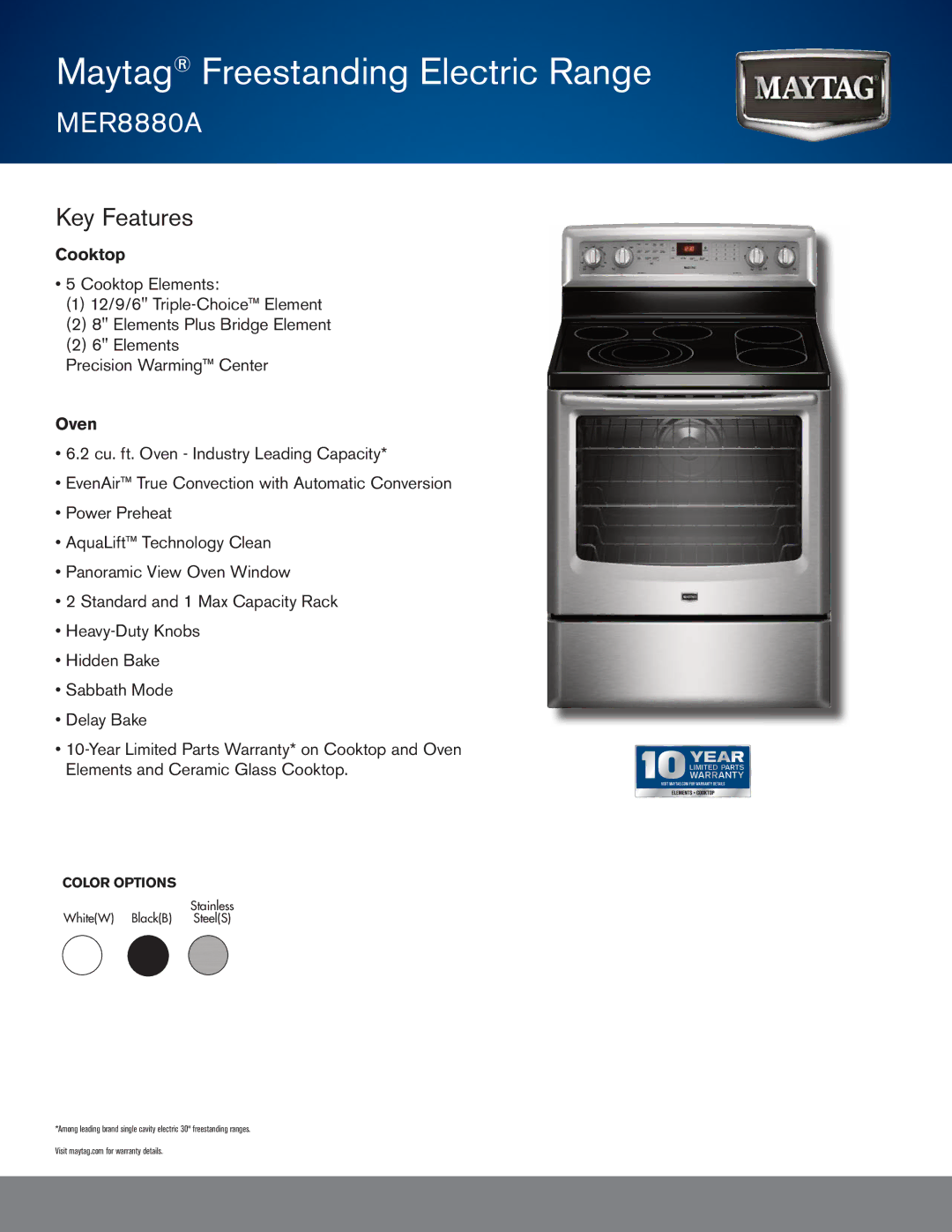 Maytag MER8880A warranty Key Features, Cooktop, Oven 