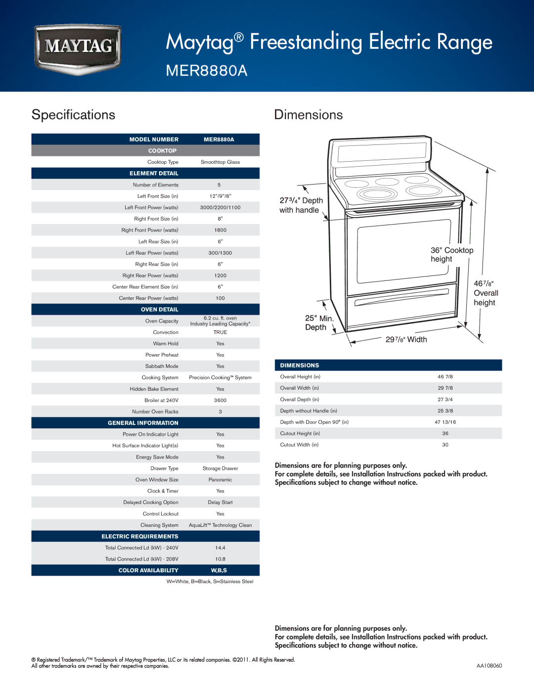 Maytag MER8880A warranty Specifications, Dimensions 