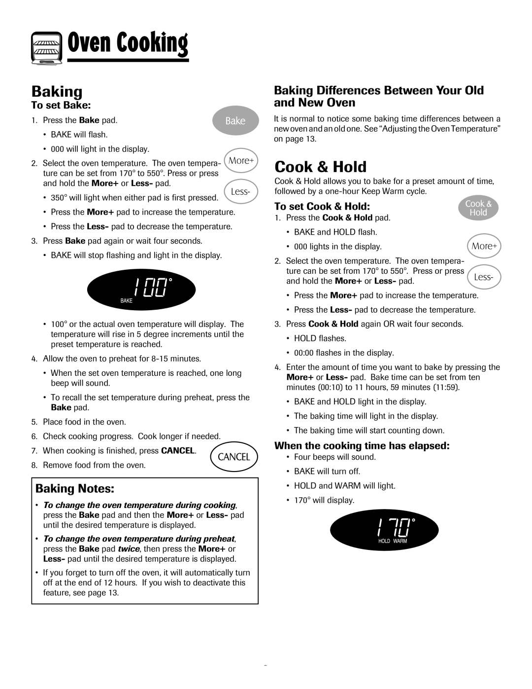 Maytag MES5752BAS, 8113P768-60 manual Cook & Hold, Baking Notes, Baking Differences Between Your Old and New Oven 