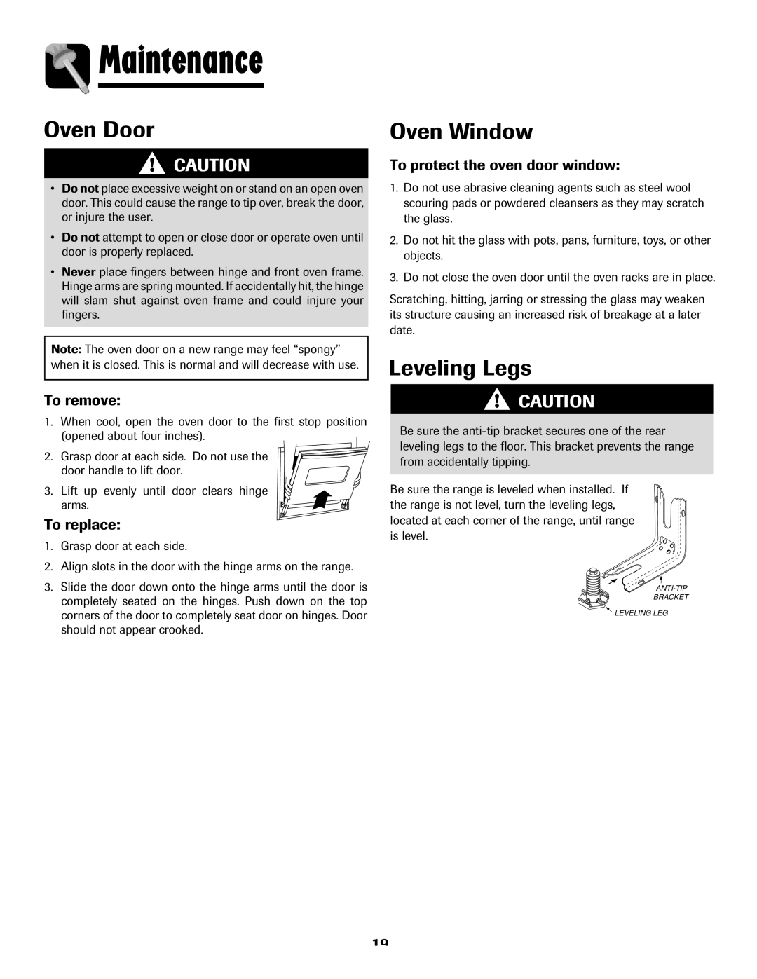 Maytag MES5752BAS, 8113P768-60 manual Maintenance, Oven Door, Oven Window, Leveling Legs, To protect the oven door window 