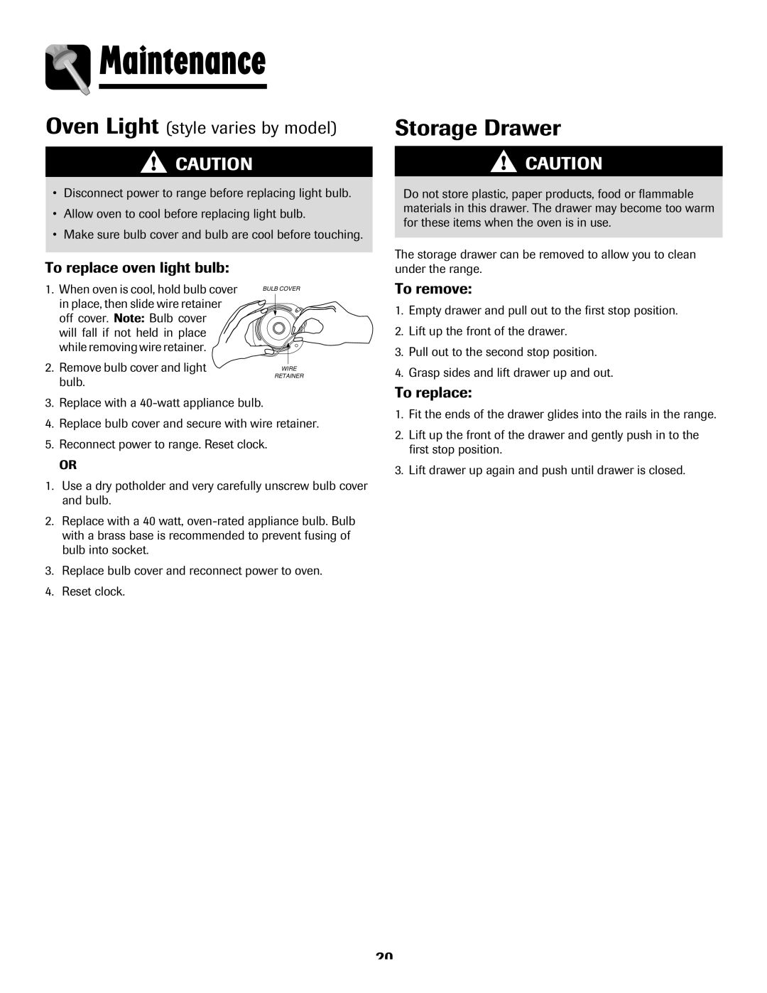 Maytag 8113P768-60, MES5752BAS manual Storage Drawer, Oven Light style varies by model, To replace oven light bulb 