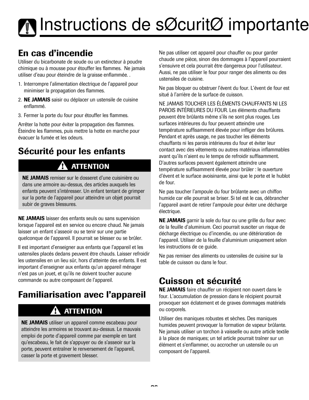 Maytag 8113P768-60 En cas d’incendie, Sécurité pour les enfants, Familiarisation avec l’appareil, Cuisson et sécurité 