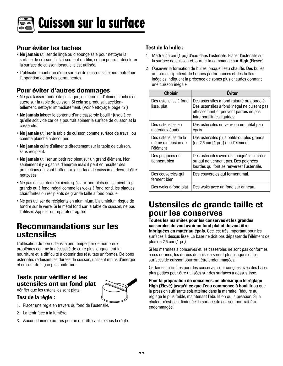 Maytag MES5752BAS, 8113P768-60 manual Recommandations sur les ustensiles, Ustensiles de grande taille et pour les conserves 