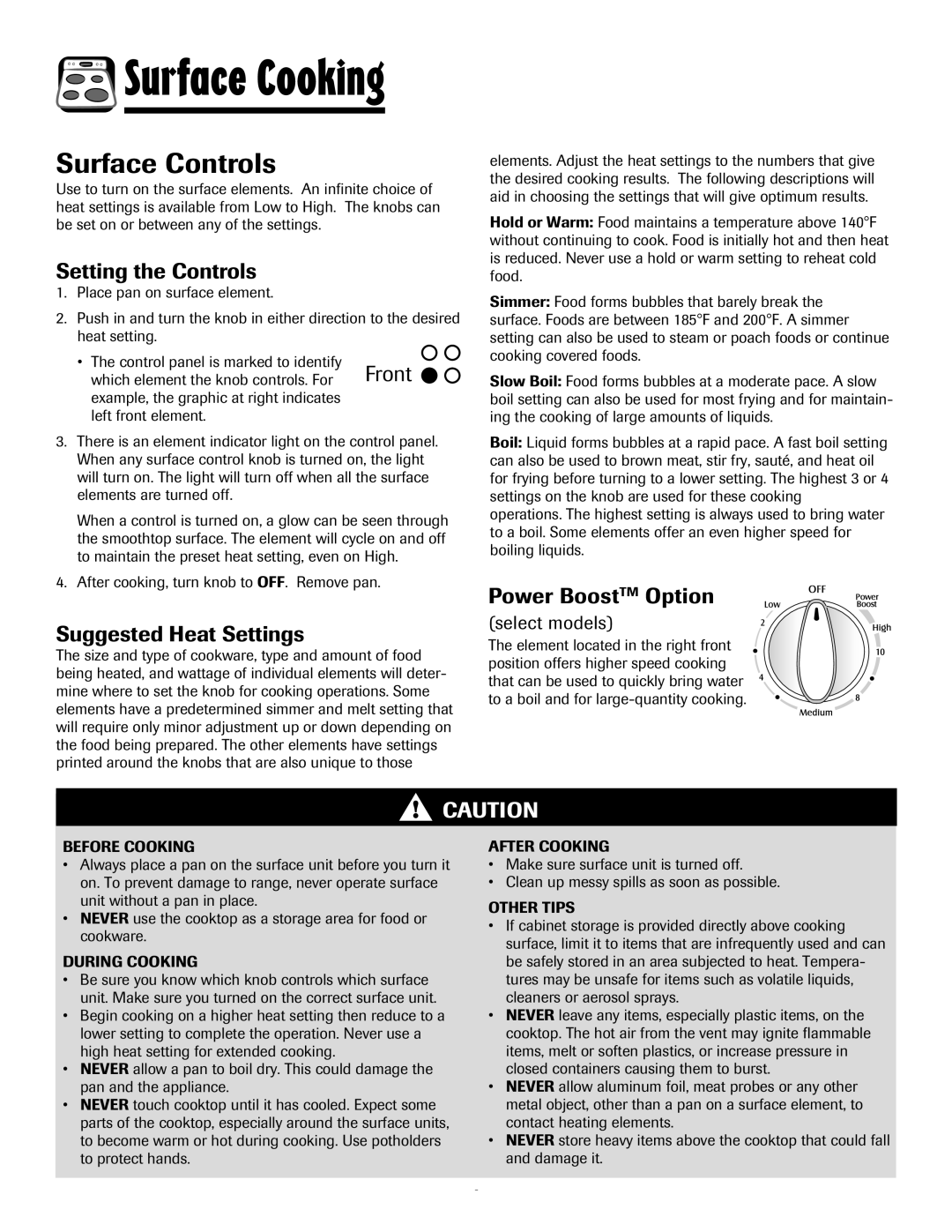 Maytag 8113P768-60, MES5752BAS manual Surface Controls, Setting the Controls, Suggested Heat Settings, Power BoostTM Option 