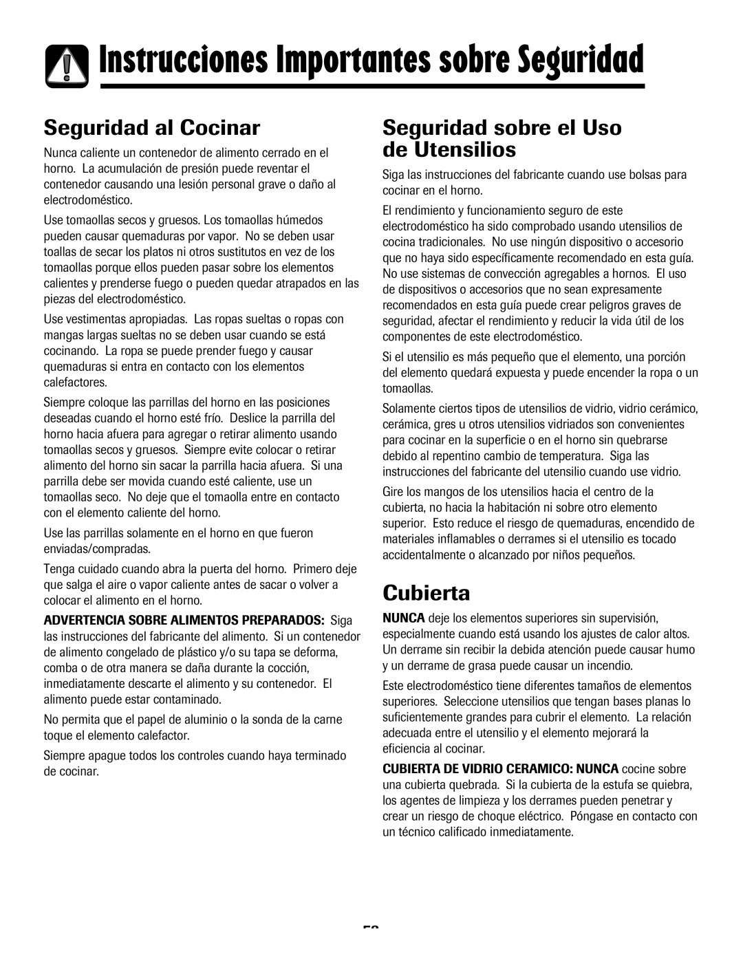 Maytag MES5752BAS, 8113P768-60 manual Seguridad al Cocinar, Seguridad sobre el Uso de Utensilios, Cubierta 