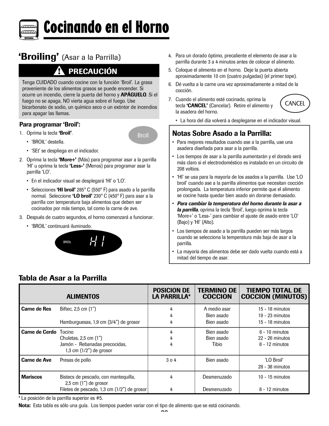 Maytag MES5752BAS, 8113P768-60 ‘Broiling’ Asar a la Parrilla, Notas Sobre Asado a la Parrilla, Tabla de Asar a la Parrilla 