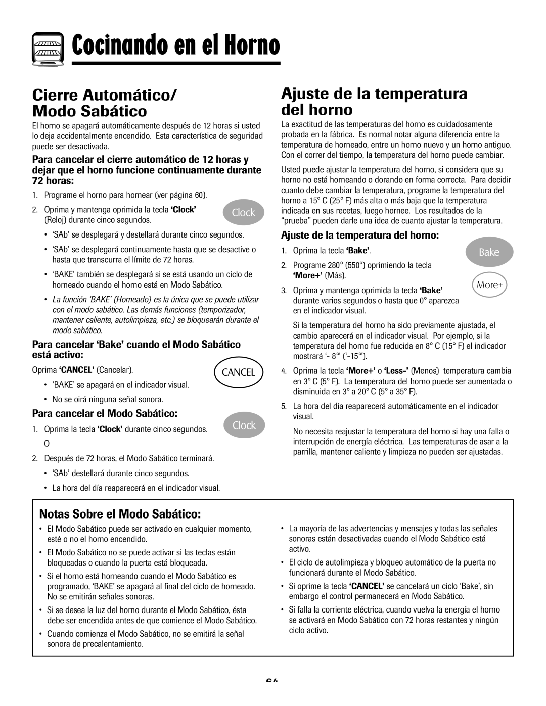 Maytag 8113P768-60 manual Cierre Automático Modo Sabático, Ajuste de la temperatura del horno, Notas Sobre el Modo Sabático 