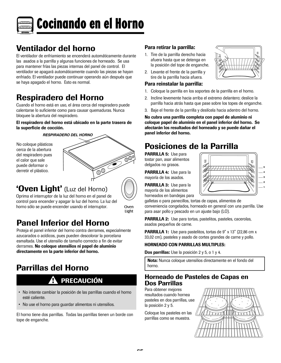 Maytag MES5752BAS manual Ventilador del horno, Respiradero del Horno, Posiciones de la Parrilla, Panel Inferior del Horno 